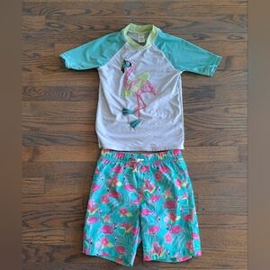 Gymboree boys flamingo swim shorts and rash guard